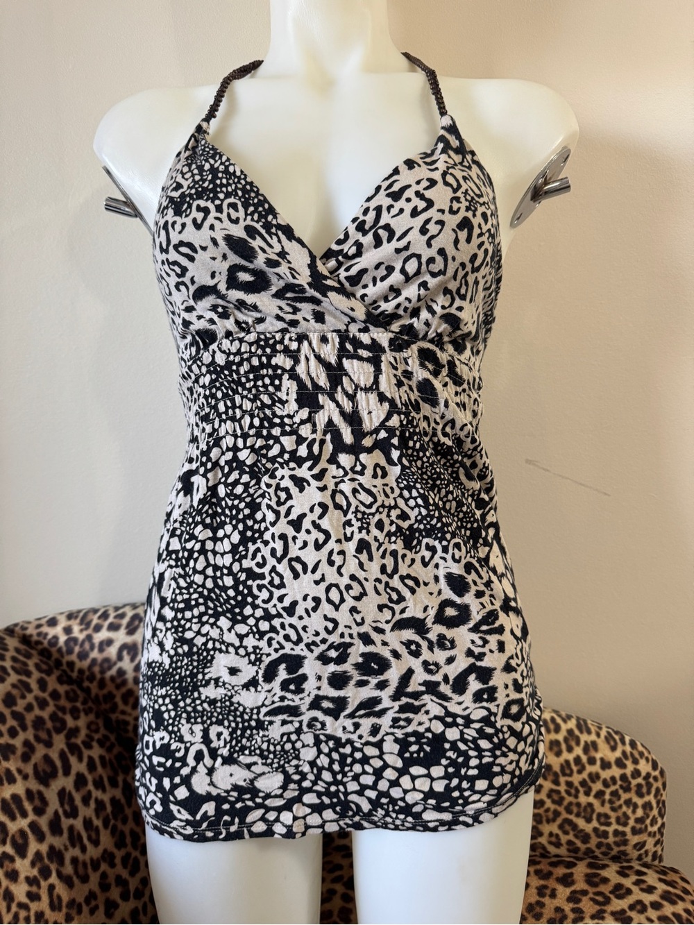 Y2K Kismet Black White Leopard Halter Tank